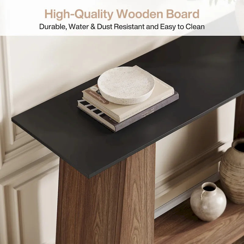 Console noire et noyer avec étagère de rangement, 119 cm de large
