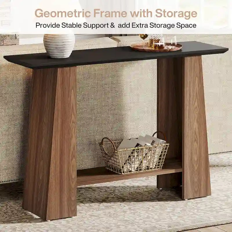 Console noire et noyer avec étagère de rangement, 119 cm de large