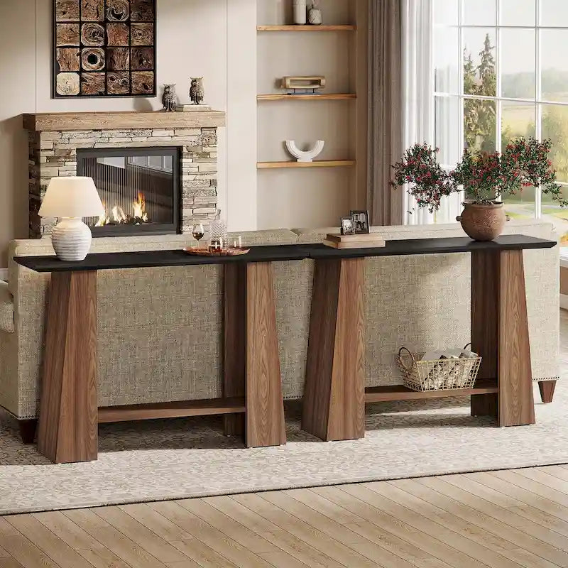 Console noire et noyer avec étagère de rangement, 119 cm de large