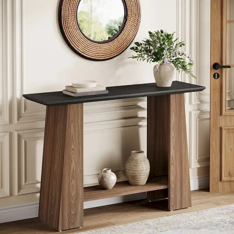Console noire et noyer avec étagère de rangement, 119 cm de large