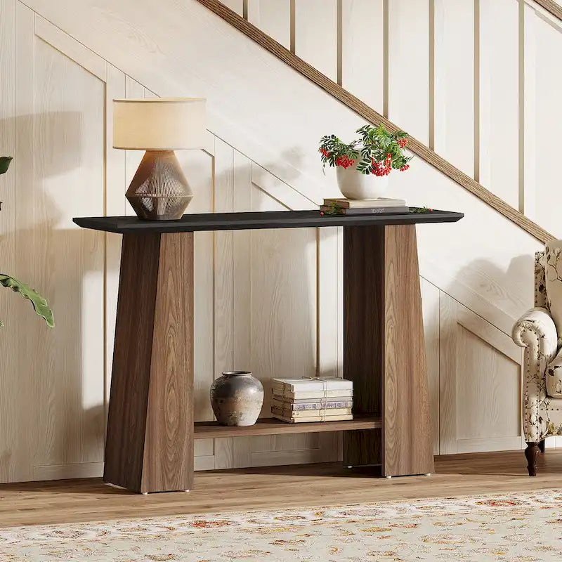 Console noire et noyer avec étagère de rangement, 119 cm de large