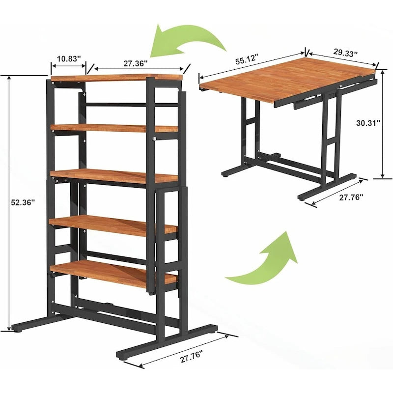 Table de salle à manger convertible en étagère en bois, 4 places