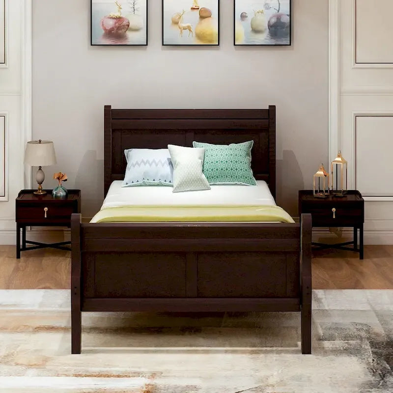 Lit double en bois de style plateforme avec tête et pied de lit, couleurs chêne / blanc / expresso – Lit simple
