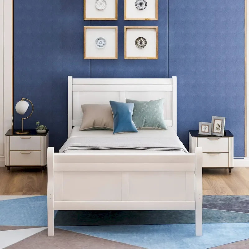 Lit double en bois de style plateforme avec tête et pied de lit, couleurs chêne / blanc / expresso – Lit simple