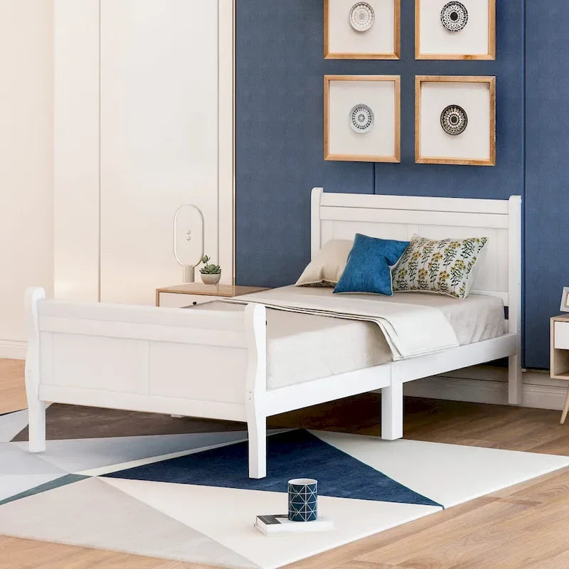 Lit double en bois de style plateforme avec tête et pied de lit, couleurs chêne / blanc / expresso – Lit simple