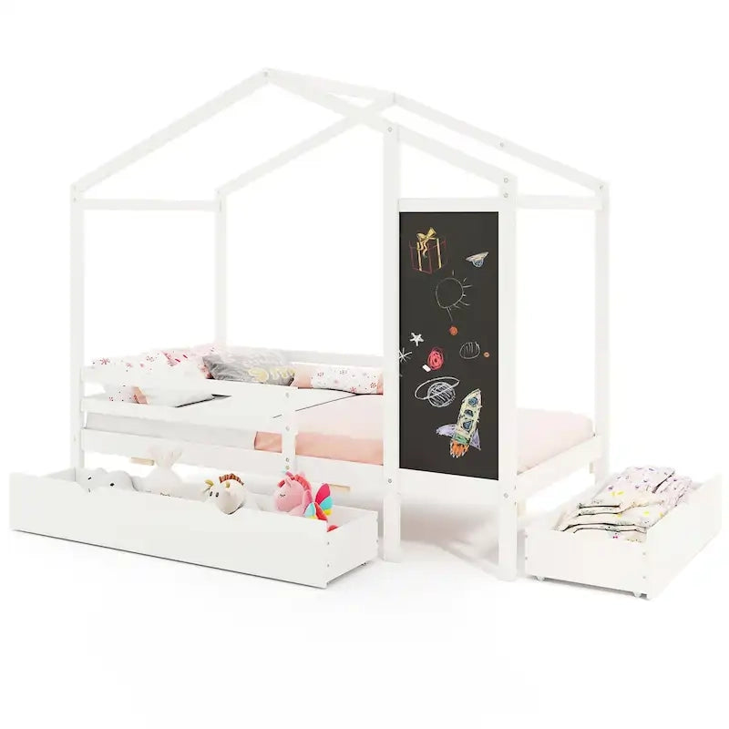 Lit cabane jumeau blanc/gris avec tableau noir et 2 tiroirs de rangement – Pour 1 enfant