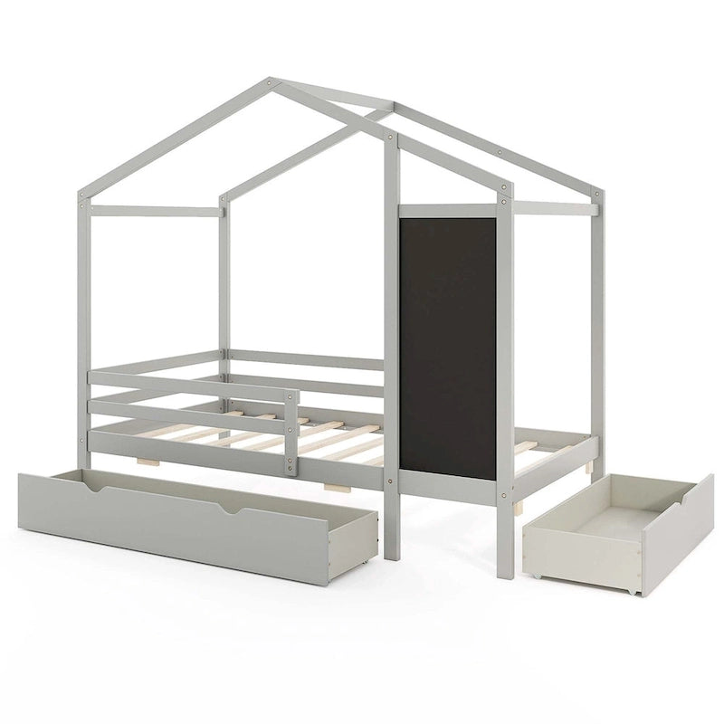 Lit cabane jumeau blanc/gris avec tableau noir et 2 tiroirs de rangement – Pour 1 enfant