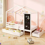 Lit cabane jumeau blanc/gris avec tableau noir et 2 tiroirs de rangement – Pour 1 enfant