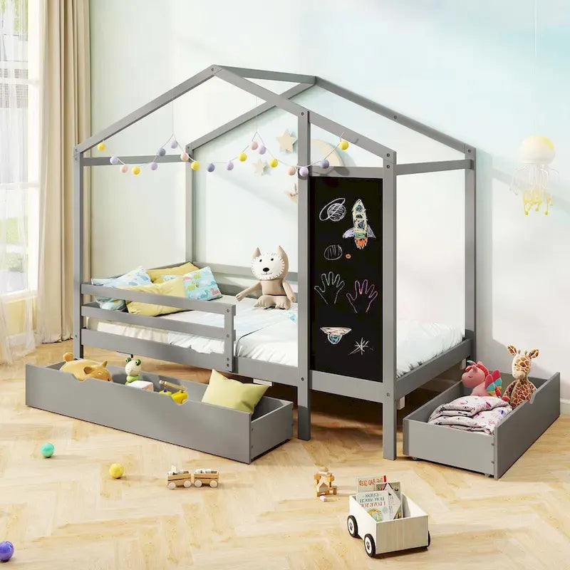 Lit cabane jumeau blanc/gris avec tableau noir et 2 tiroirs de rangement – Pour 1 enfant