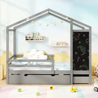 Lit cabane jumeau blanc/gris avec tableau noir et 2 tiroirs de rangement – Pour 1 enfant