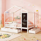 Lit cabane jumeau blanc/gris avec tableau noir et 2 tiroirs de rangement – Pour 1 enfant