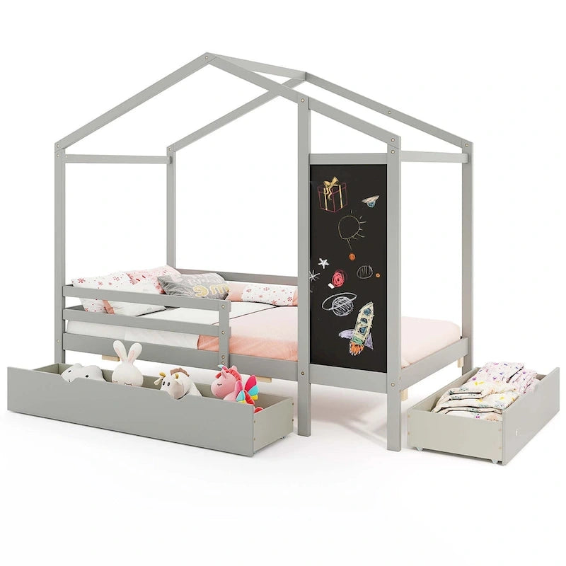 Lit cabane jumeau blanc/gris avec tableau noir et 2 tiroirs de rangement – Pour 1 enfant