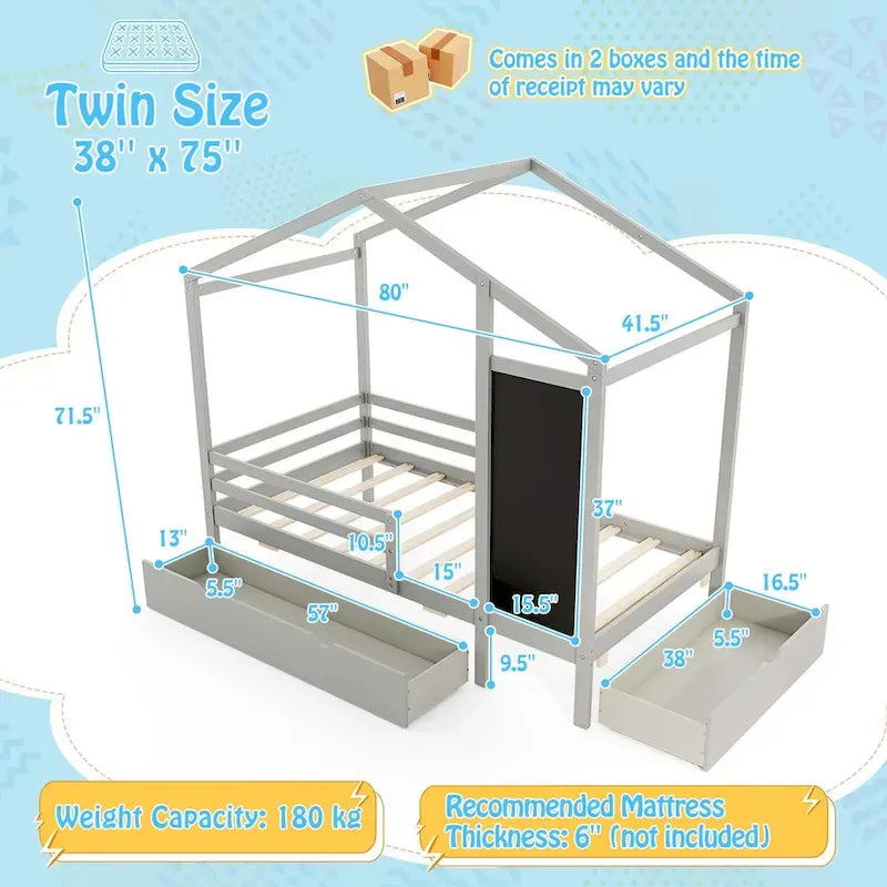 Lit cabane jumeau blanc/gris avec tableau noir et 2 tiroirs de rangement – Pour 1 enfant