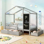 Lit cabane jumeau blanc/gris avec tableau noir et 2 tiroirs de rangement – Pour 1 enfant