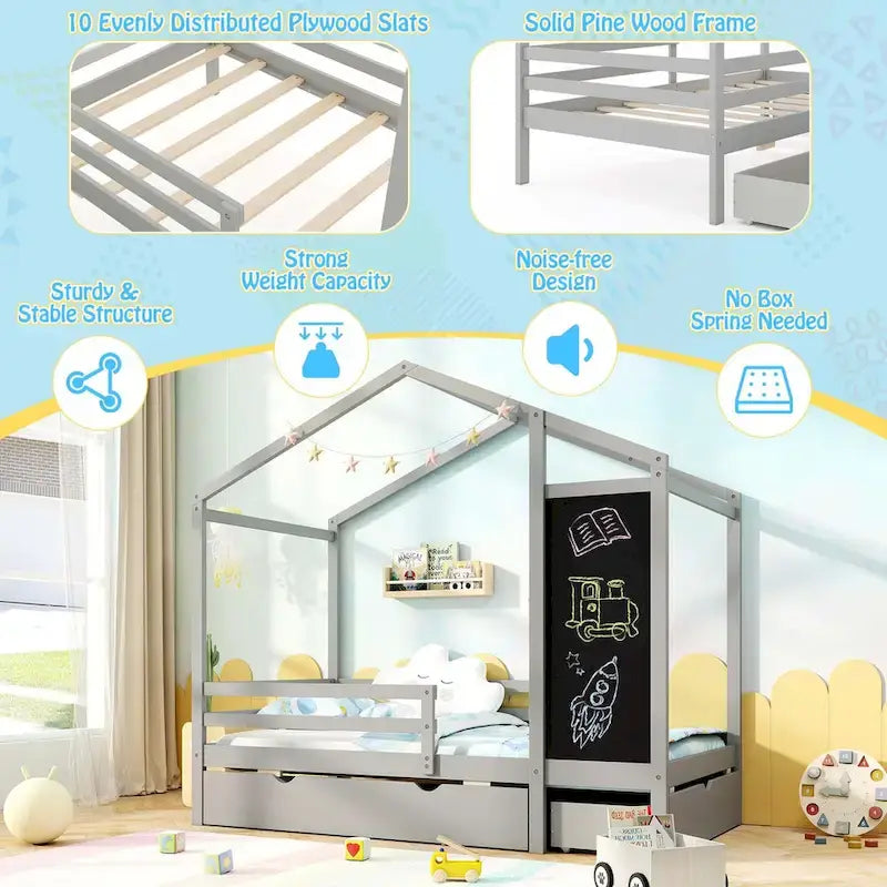 Lit cabane jumeau blanc/gris avec tableau noir et 2 tiroirs de rangement – Pour 1 enfant