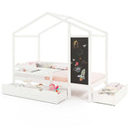 Lit cabane jumeau blanc/gris avec tableau noir et 2 tiroirs de rangement – Pour 1 enfant