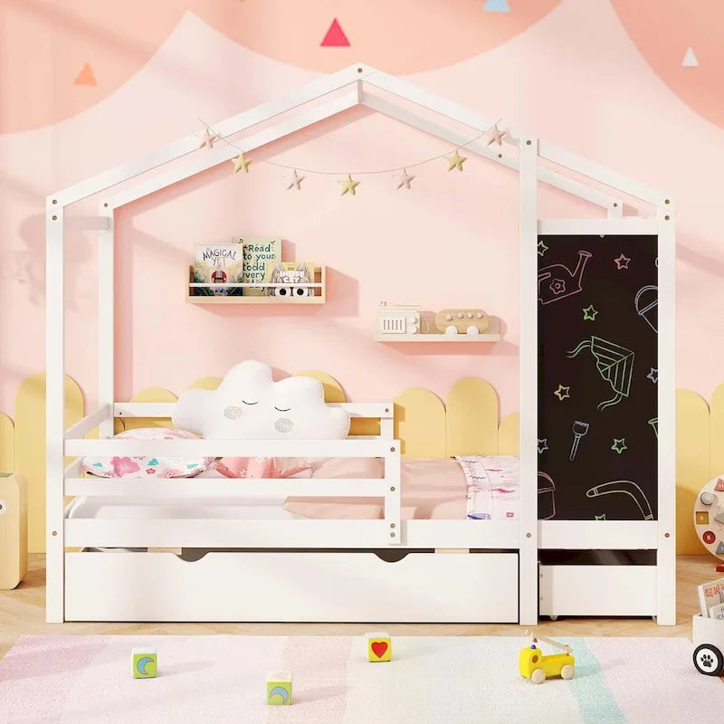 Lit cabane jumeau blanc/gris avec tableau noir et 2 tiroirs de rangement – Pour 1 enfant