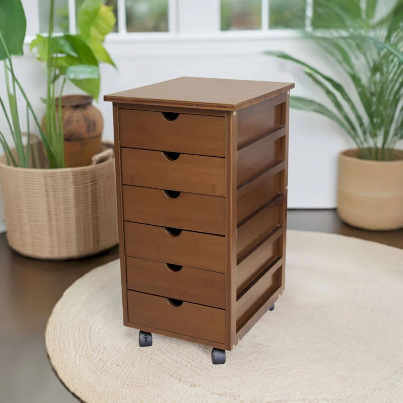 Chariot de rangement à roulettes en bambou à 6 tiroirs – Espresso/Caramel/Naturel/Blanc – 1 utilisateur