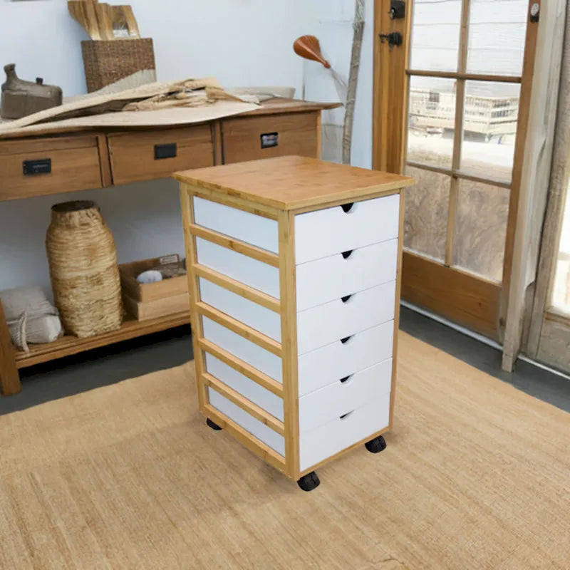 Chariot de rangement à roulettes en bambou à 6 tiroirs – Espresso/Caramel/Naturel/Blanc – 1 utilisateur