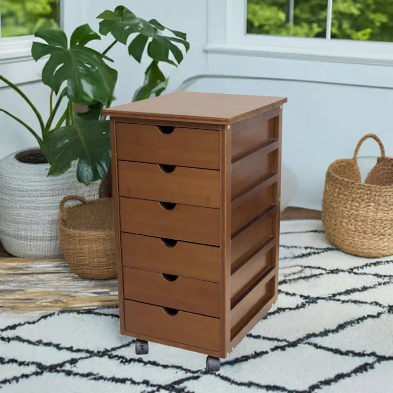 Chariot de rangement à roulettes en bambou à 6 tiroirs – Espresso/Caramel/Naturel/Blanc – 1 utilisateur