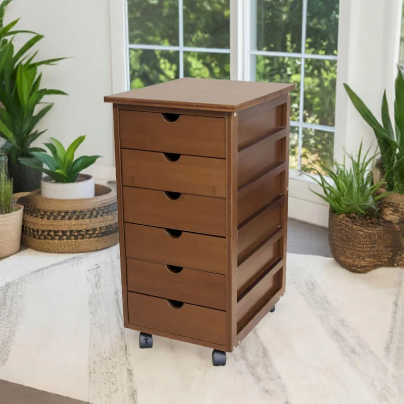 Chariot de rangement à roulettes en bambou à 6 tiroirs – Espresso/Caramel/Naturel/Blanc – 1 utilisateur