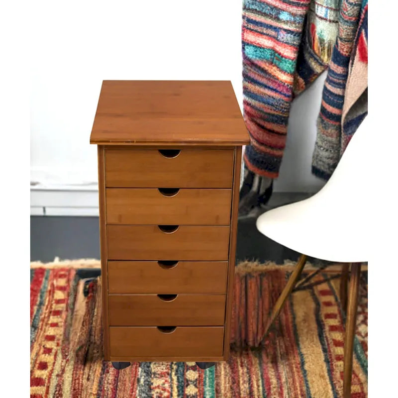 Chariot de rangement à roulettes en bambou à 6 tiroirs – Espresso/Caramel/Naturel/Blanc – 1 utilisateur