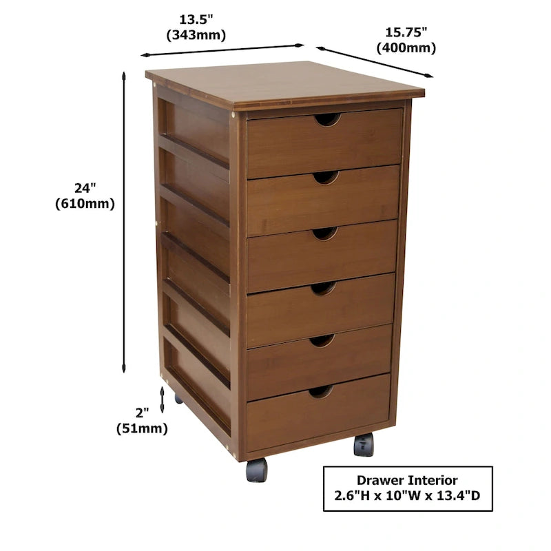 Chariot de rangement à roulettes en bambou à 6 tiroirs – Espresso/Caramel/Naturel/Blanc – 1 utilisateur
