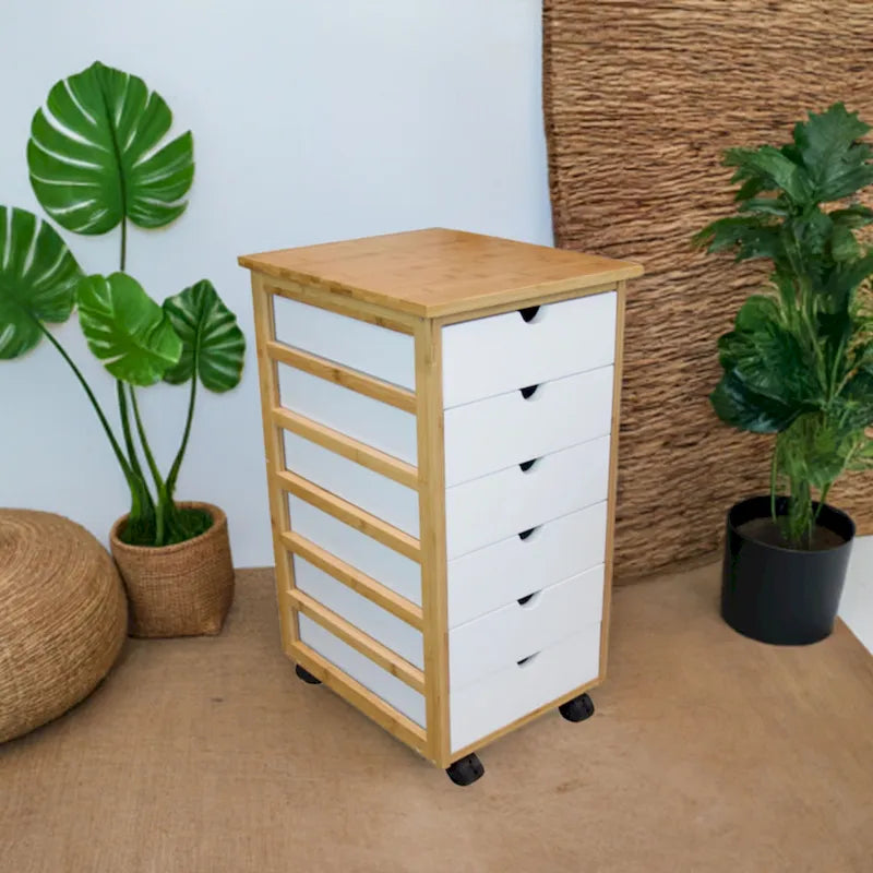 Chariot de rangement à roulettes en bambou à 6 tiroirs – Espresso/Caramel/Naturel/Blanc – 1 utilisateur