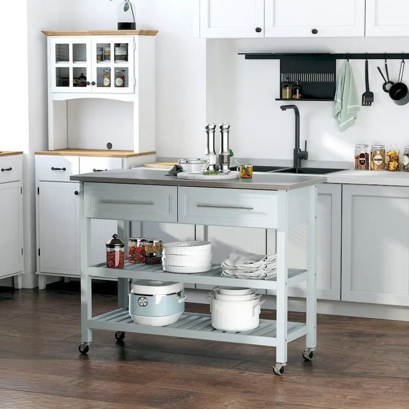 Îlot de cuisine roulant à 3 niveaux gris avec plateau en acier inoxydable