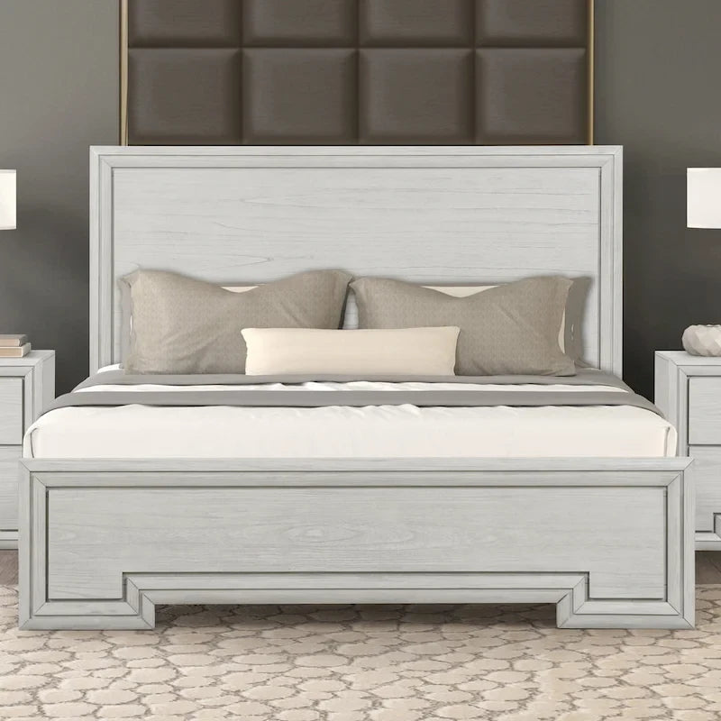 Lit en bois sculpté blanc rustique – Grand lit / Très grand lit
