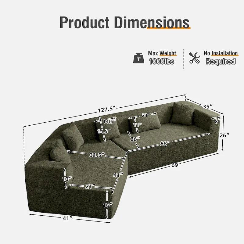 Canapé sectionnel modulable sans accoudoirs 2–3 places Émeraude/Kaki