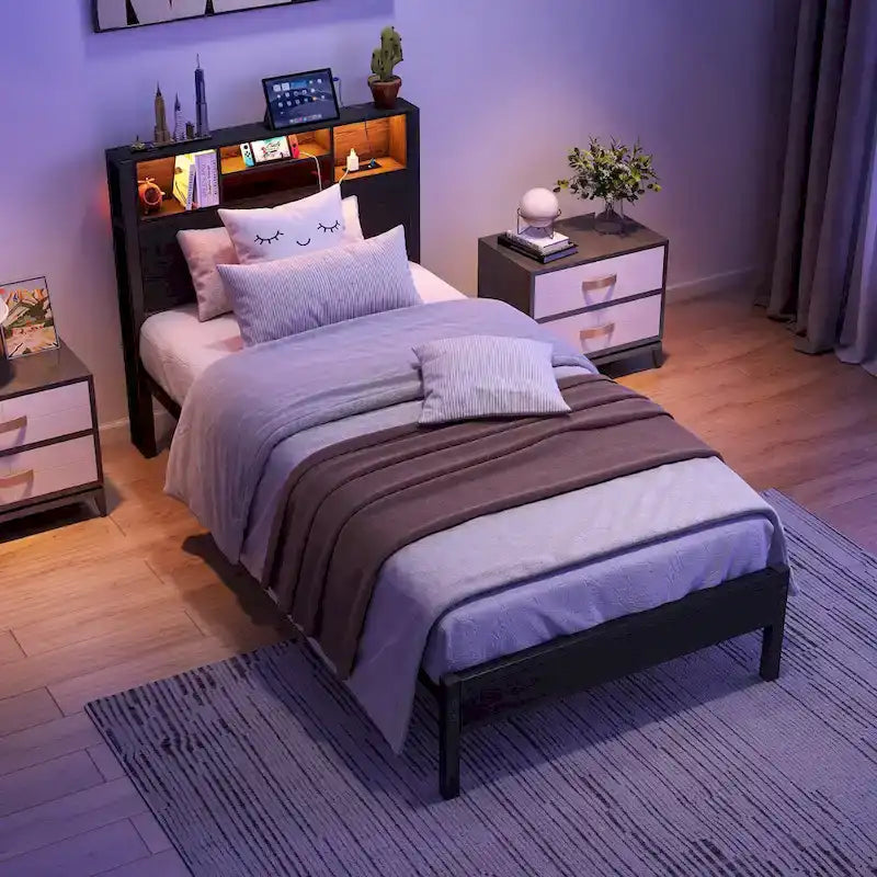 Lit Jumeau en Métal Noir Marron avec Lumières LED, Tête de Lit Rangement et Station de Chargement – 1 Personne