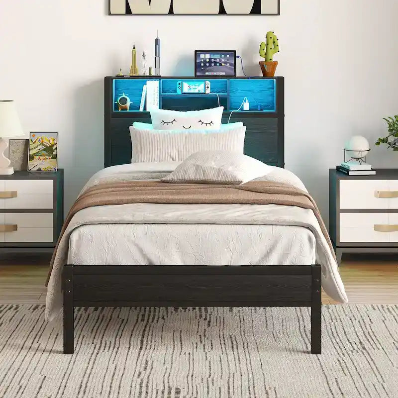 Lit Jumeau en Métal Noir Marron avec Lumières LED, Tête de Lit Rangement et Station de Chargement – 1 Personne