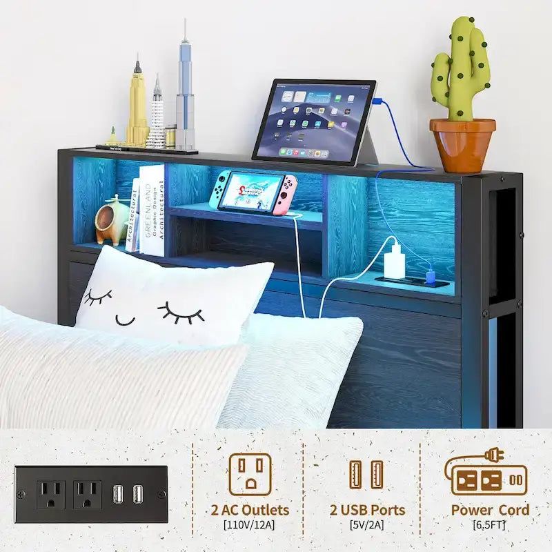 Lit Jumeau en Métal Noir Marron avec Lumières LED, Tête de Lit Rangement et Station de Chargement – 1 Personne