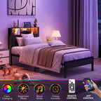 Lit Jumeau en Métal Noir Marron avec Lumières LED, Tête de Lit Rangement et Station de Chargement – 1 Personne