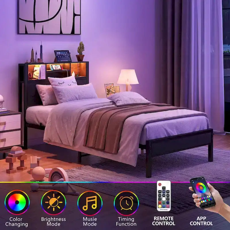 Lit Jumeau en Métal Noir Marron avec Lumières LED, Tête de Lit Rangement et Station de Chargement – 1 Personne