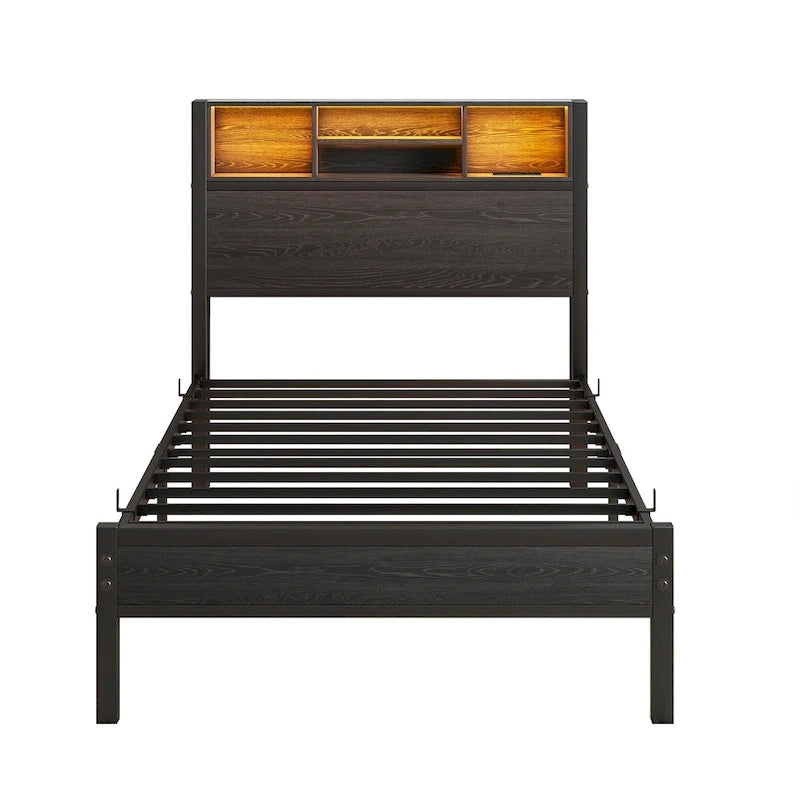 Lit Jumeau en Métal Noir Marron avec Lumières LED, Tête de Lit Rangement et Station de Chargement – 1 Personne