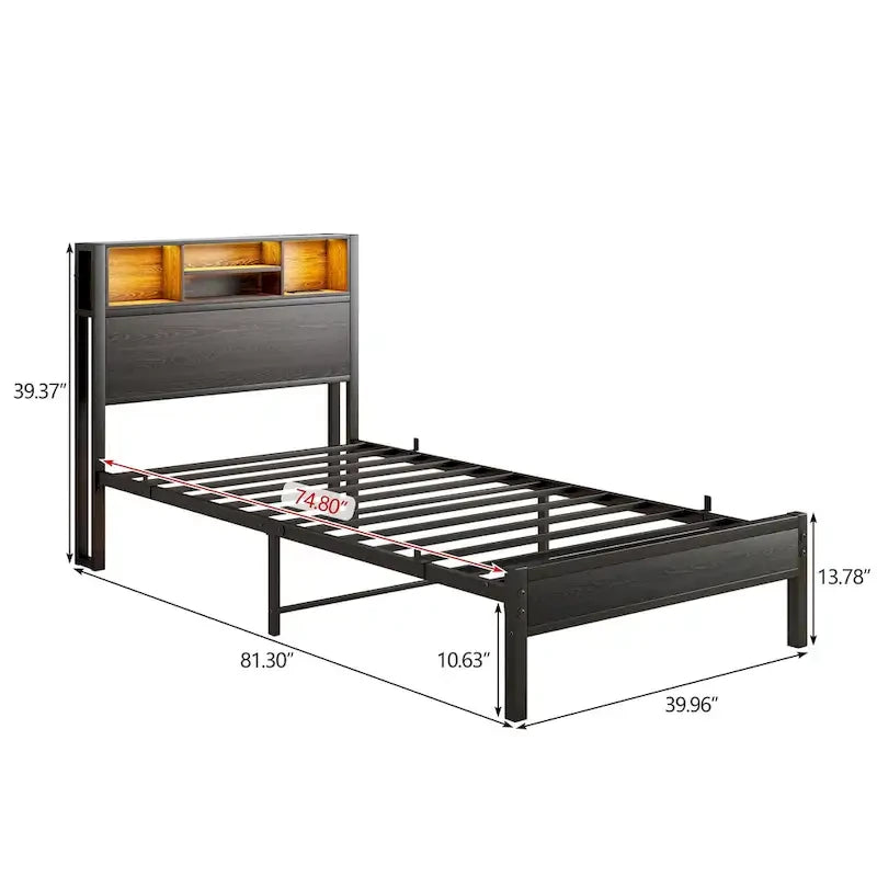 Lit Jumeau en Métal Noir Marron avec Lumières LED, Tête de Lit Rangement et Station de Chargement – 1 Personne