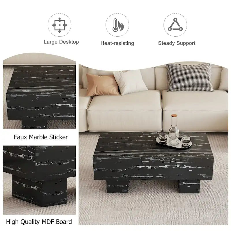 Table basse rectangulaire effet marbre noir, style moderne, pour 2 à 4 personnes