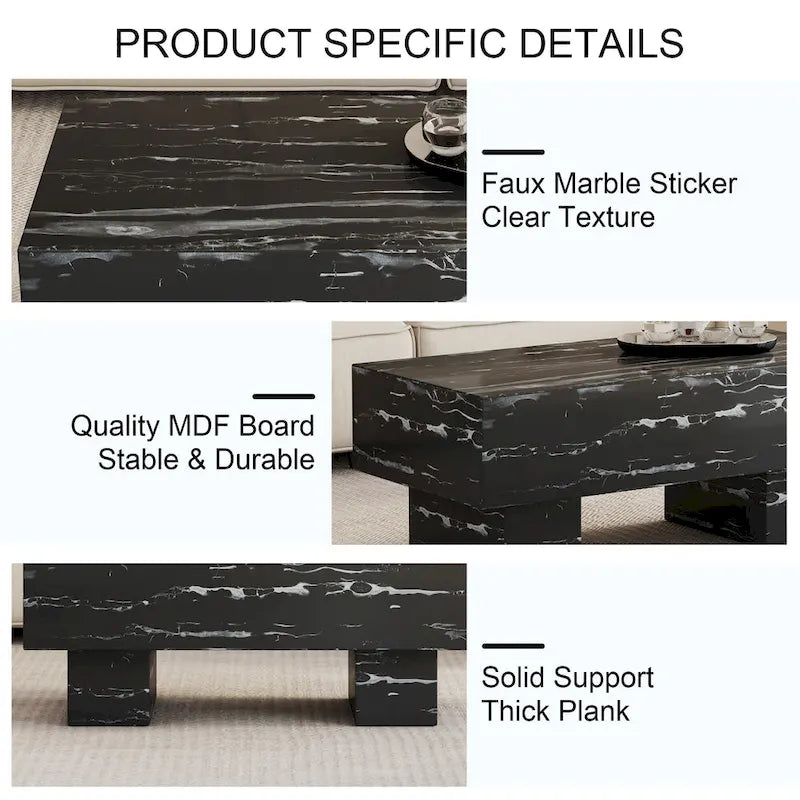 Table basse rectangulaire effet marbre noir, style moderne, pour 2 à 4 personnes