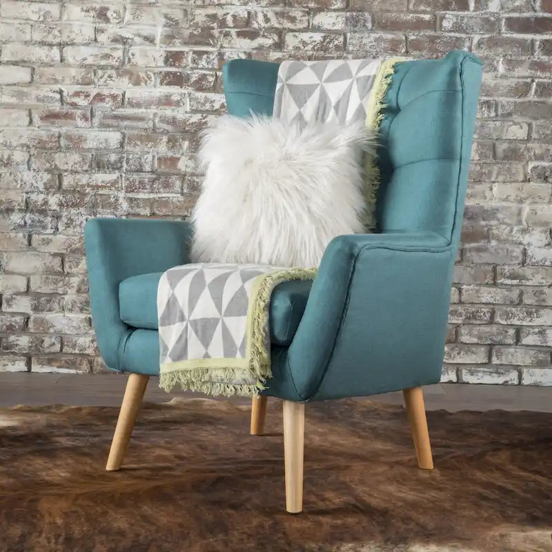 Fauteuil à dossier haut et oreilles, capitonné, une place — Gris / Bleu sarcelle / Blé
