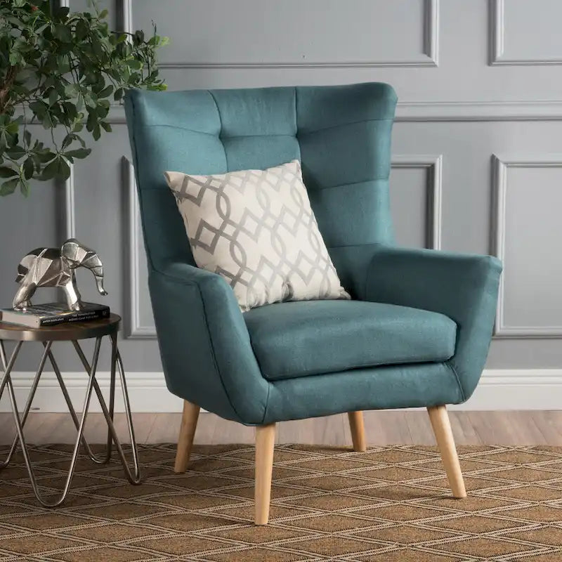 Fauteuil à dossier haut et oreilles, capitonné, une place — Gris / Bleu sarcelle / Blé