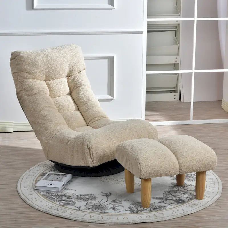 Fauteuil inclinable sans accoudoirs pivotant à 360° en tissu bouclette beige avec repose-pieds – 1 place