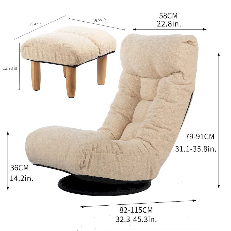 Fauteuil inclinable sans accoudoirs pivotant à 360° en tissu bouclette beige avec repose-pieds – 1 place