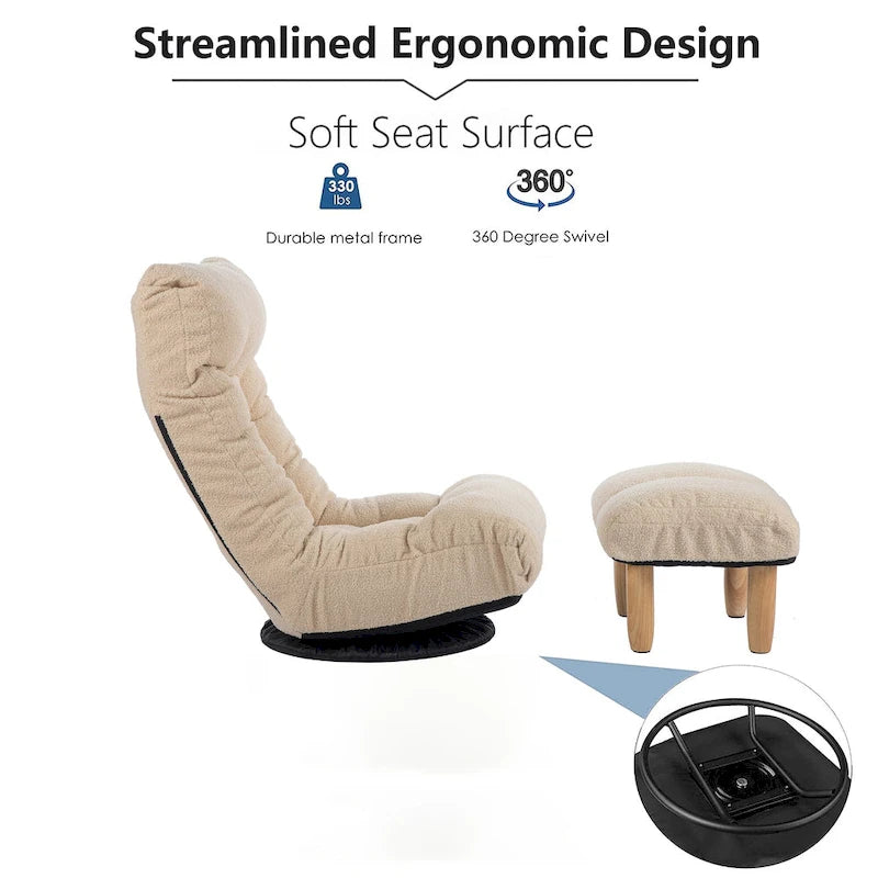 Fauteuil inclinable sans accoudoirs pivotant à 360° en tissu bouclette beige avec repose-pieds – 1 place