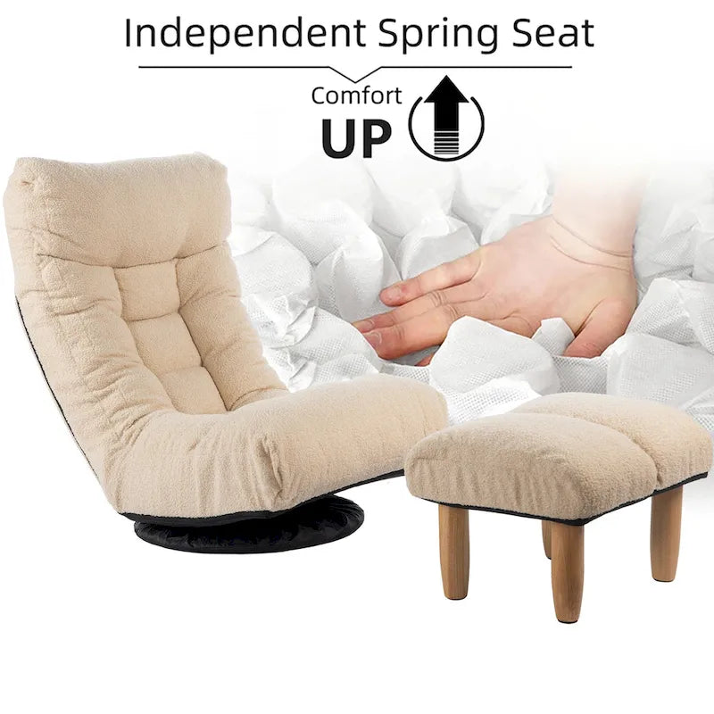 Fauteuil inclinable sans accoudoirs pivotant à 360° en tissu bouclette beige avec repose-pieds – 1 place