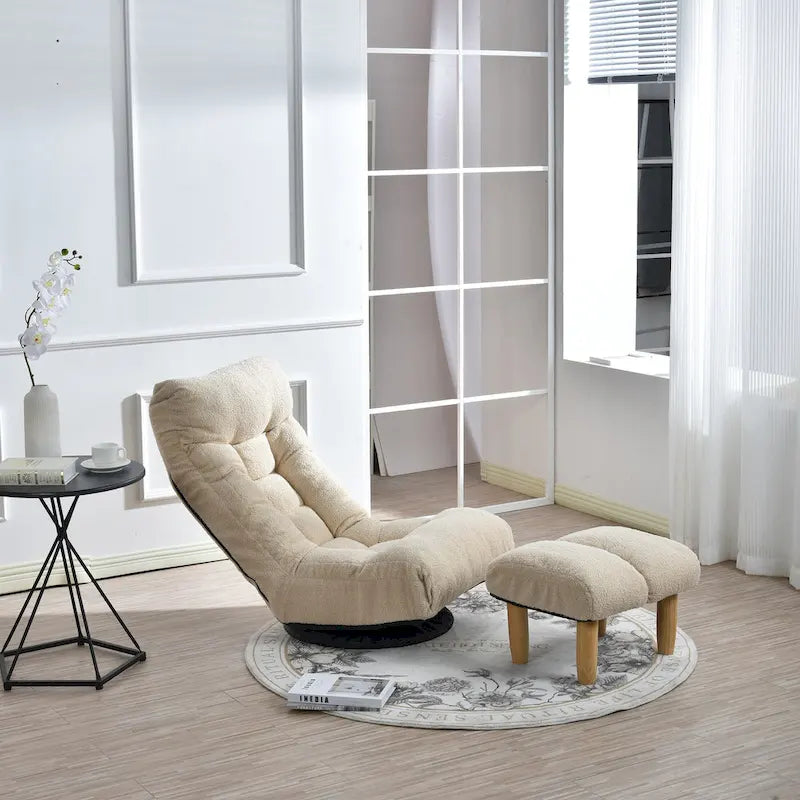 Fauteuil inclinable sans accoudoirs pivotant à 360° en tissu bouclette beige avec repose-pieds – 1 place