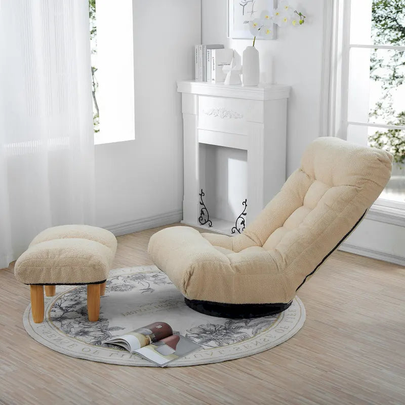 Fauteuil inclinable sans accoudoirs pivotant à 360° en tissu bouclette beige avec repose-pieds – 1 place