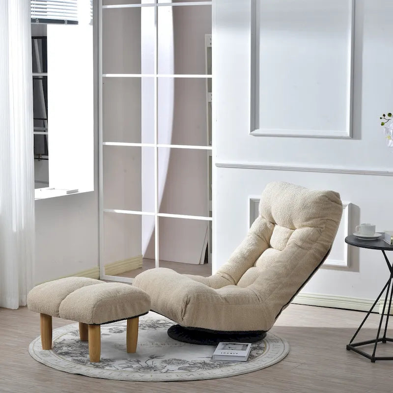 Fauteuil inclinable sans accoudoirs pivotant à 360° en tissu bouclette beige avec repose-pieds – 1 place