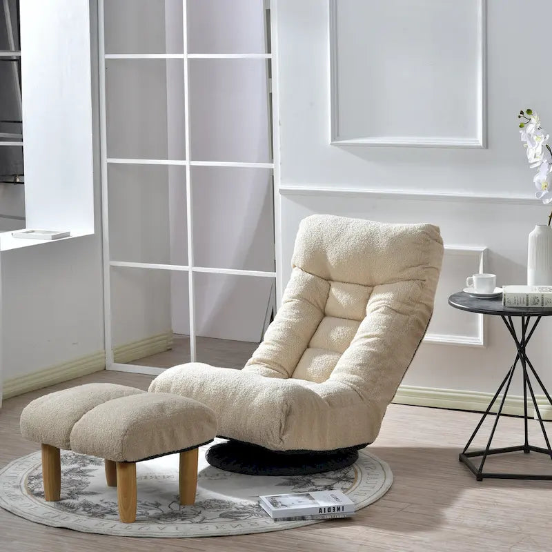 Fauteuil inclinable sans accoudoirs pivotant à 360° en tissu bouclette beige avec repose-pieds – 1 place